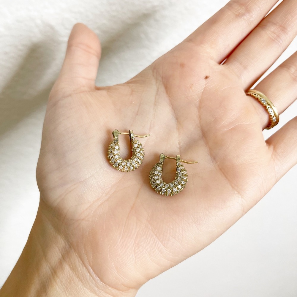 Gold Pave Crystal U-Shape Huggie Hoop Earrings Latch Back Sparkly Jewelry